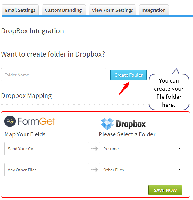 Map files from FormGet to Dropbox