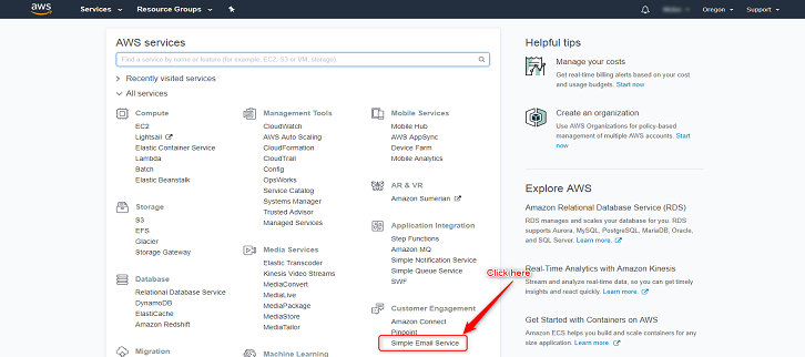 Click on SES (Simple Email Service)