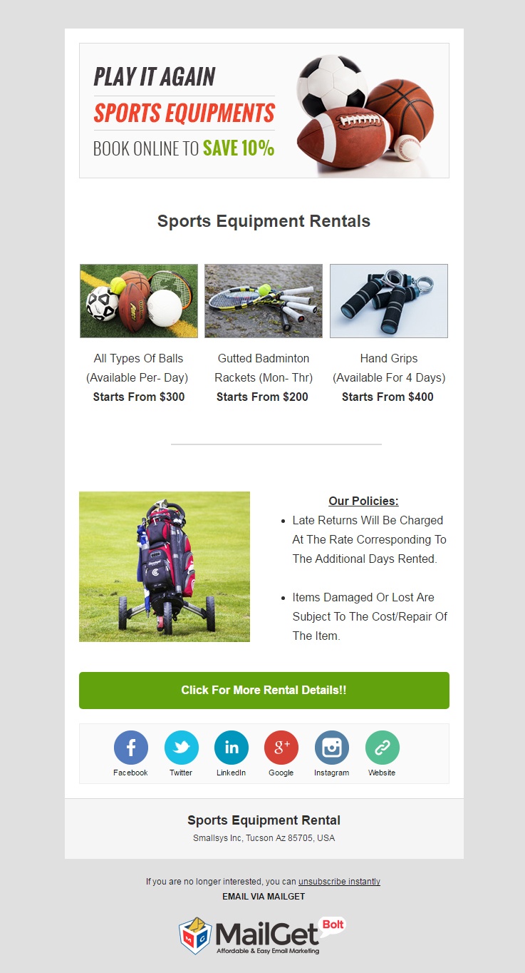 Email Marketing Service For Sports Equipment Rental