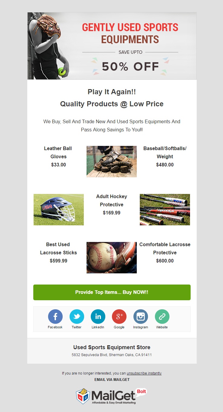 Used Sports Equipment Email Templates