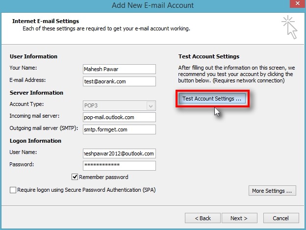 Click on “Test Account Settings” button