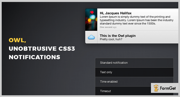 Owl, Unobtrusive CSS3 Notifications jQuery Notification Plugins