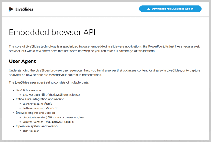 LiveSlides browser API - Browser User Agent Lookup