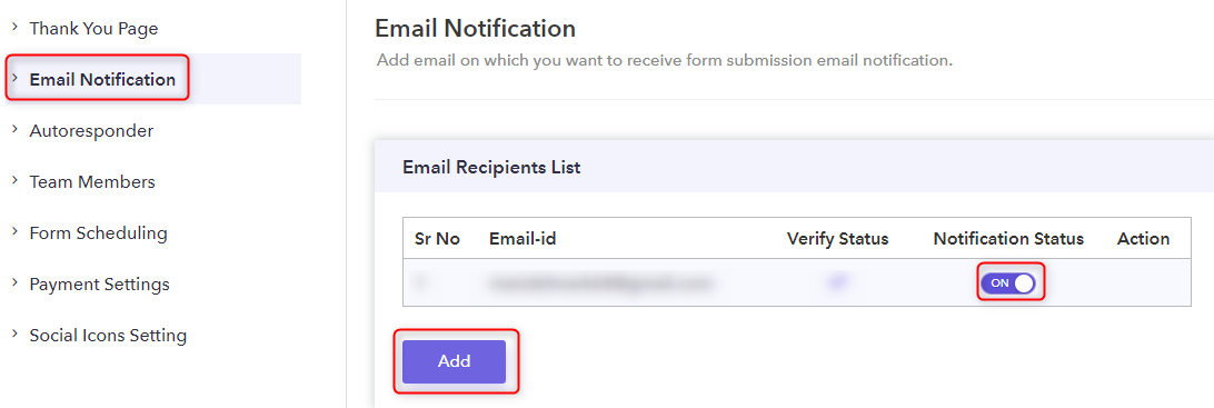 Add Email and Enable Notifications - Pabbly Form Builder