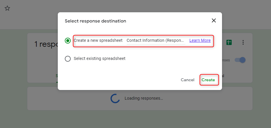 Select Response Destination-Google Forms