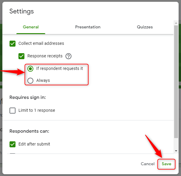 Indicate When Response Receipts Are Sent - Google Forms