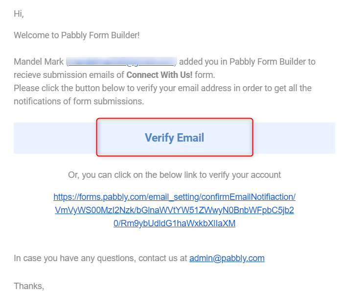 Preview Of Verification Email - Pabbly form Builder